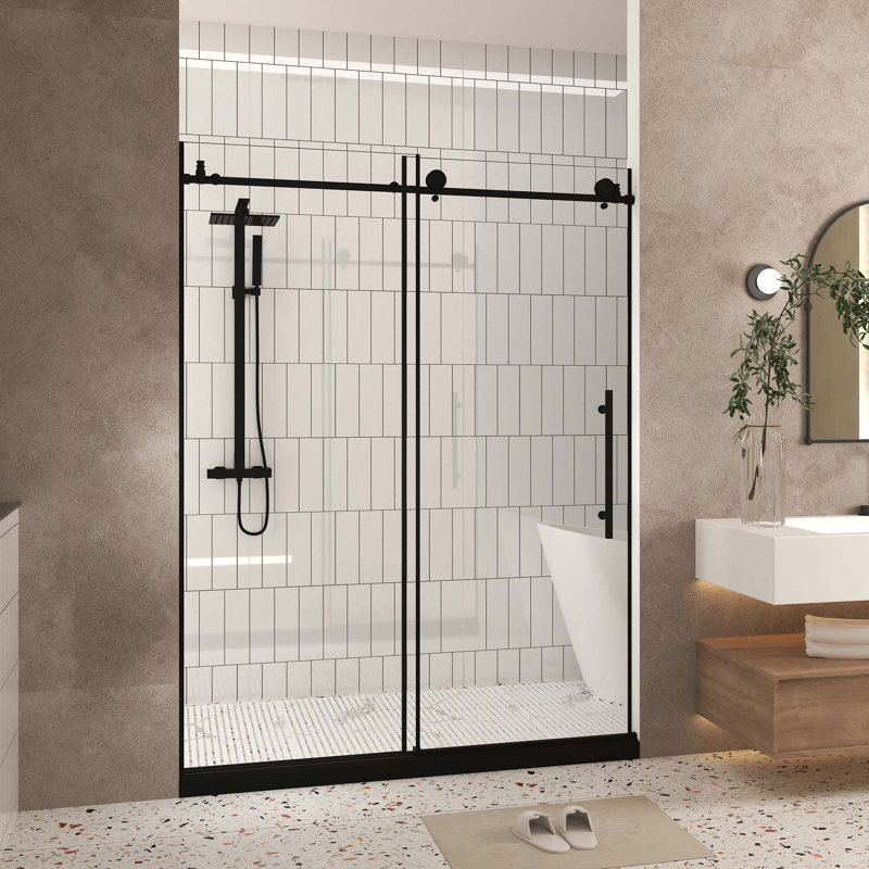 Frameless Shower Door 56-60 "W X 76" H, 1/4 "(6 Mm) Clear Tempered Glass, Explosion Proof Film, Stainless Steel Handle