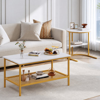 2-Piece Coffee and End Table Set with 2-Tier Storage, White & Gold