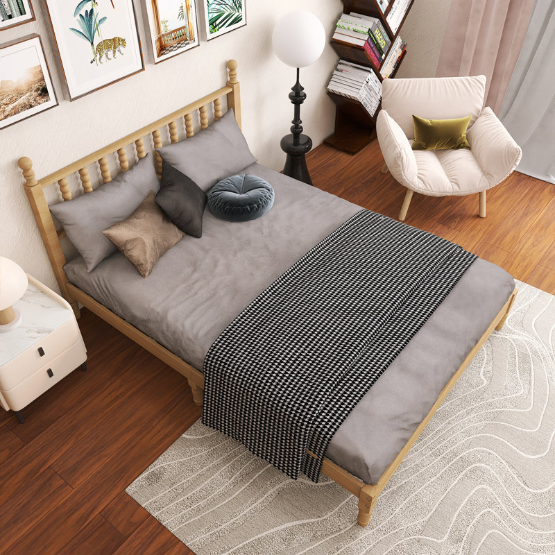 Grand lit plateforme en bois avec tête de lit en forme de gourde, Naturel