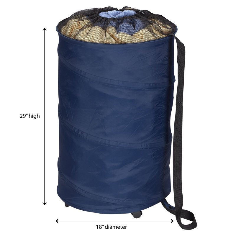 Blue Collapsible Upright Hamper with Wheels and Strap