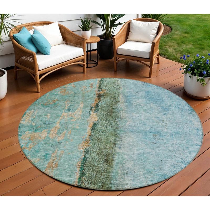 8' Gold Round Abstract Washable Indoor Outdoor Area Rug