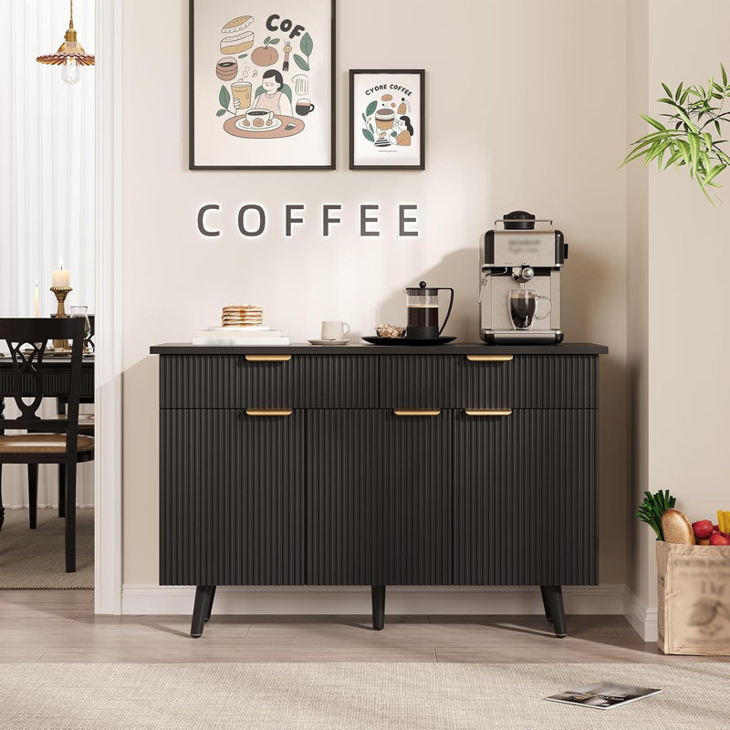 47" Modern Sideboard Buffet Cabinet With Storage, Large Coffee Bar Cabinet With 3 Fluted Doors & 2 Drawers, Kitchen Storage Cabinets With Adjustable Shelves For Living Room, Dining Room