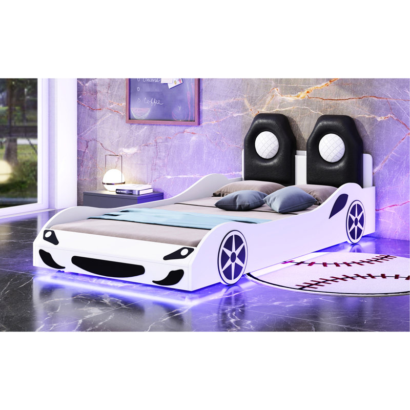 Lit simple blanc en forme de voiture de course avec éclairage ambiant à DEL et coussin de dossier, Blanc