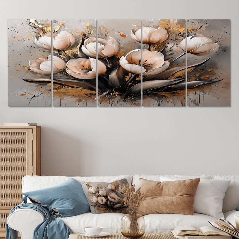 Bretagne - Tulipes, art mural - art mural traditionnel, toile 5 pièces, H 28 po x l 60 po