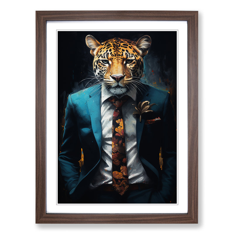 Leopard In A Suit Painting No.4 - Single Picture Frame Print on Wood, Walnut Framed, 34cm H x 25cm W x 2cm D
