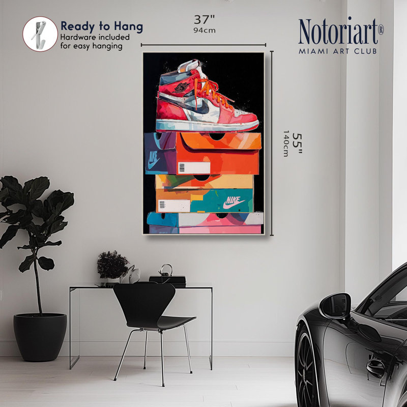 «Sneaker on Shoeboxes», impression rétro sur toile par Notoriart, H 54 po x l 36 po, Cadre argenté