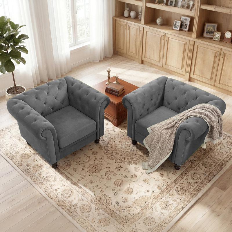 Gazim 2-Piece Tufted Upholstered Velvet Chesterfield Accent Chair Living Room Furniture Set, Gray Velvet