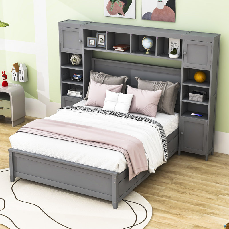 Full Size Wood Platform Bed With 4 Drawers, Headboard and Shelves, Gray