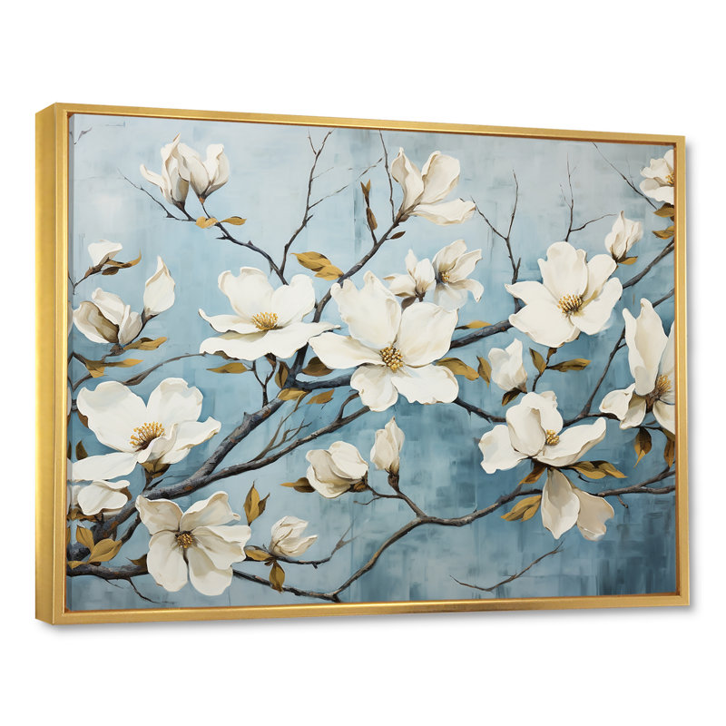 " White Blue Dogwood Peacefulness ", Gold Floater Framed, 34" H x 44" W x 1.5" D