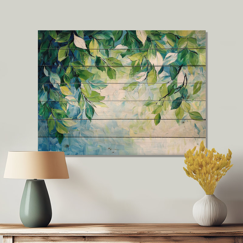 Été, branches vertes dans le vent III - feuilles, art mural sur bois de pin naturel, H 10 po x l 20 po