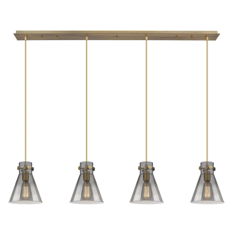 Luminaire suspendu conique à 4 lumières Amrith, Laiton brossé, Gris fumée clair