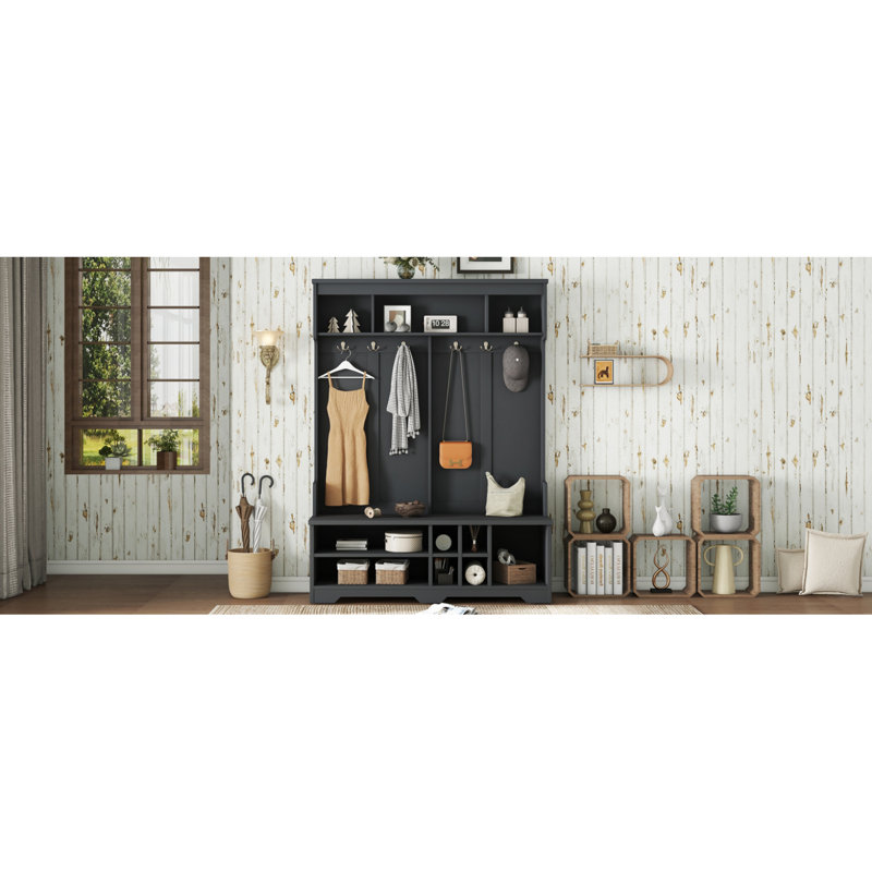 Modern Hallway Hall Tree With Metal Hooks And Storage Space, Multi-Functional Entryway Coat Rack With Shoe Cubbies, Black
