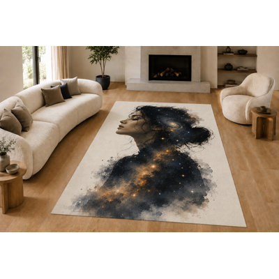 Tapis pour femme cosmique «Ultra Léger» de 6 pi 7 po x 9 pi 10 po pour le salon, la chambre à coucher et le bureau personnel, tapis doux à poils courts avec envers en silicone antidérapant, bleu marine et crème