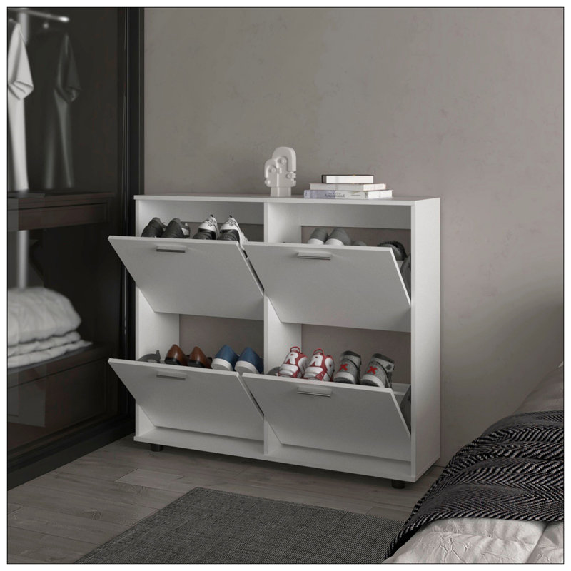 Armoire de rangement blanche à chaussures inclinable avec plusieurs compartiments et design moderne