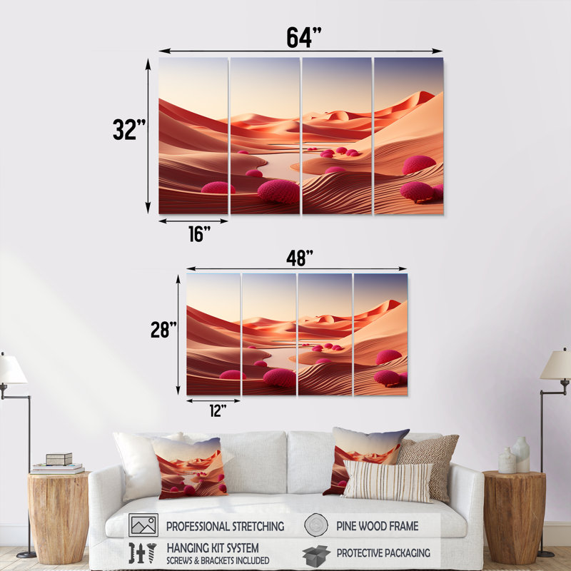 «Arid Horizon On Planet Mars - Desert», art mural 4 pièces pour le salon, H 32 po x l 64 po