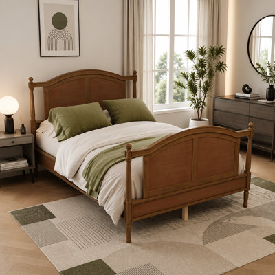 Traditional Wooden Platform Full Bed Frame, Farmhouse Style Wood Bed with Arched Panel Headboard & Footboard, Spindle Posts, Cottage Design