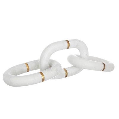 Decorative Chain Link Sculpture, Gold Inlay, 14 Inch White Marble