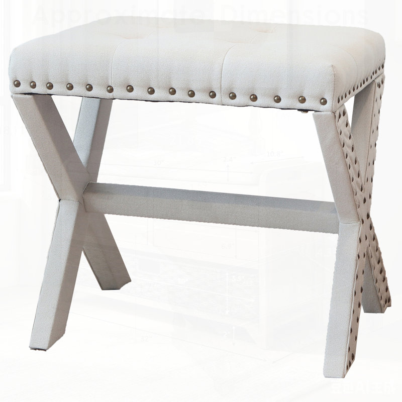 Tabouret d'appoint, chaise rembourrée en lin capitonnée avec siège en bois à base en X et garniture cloutée élégante pour les intérieurs modernes