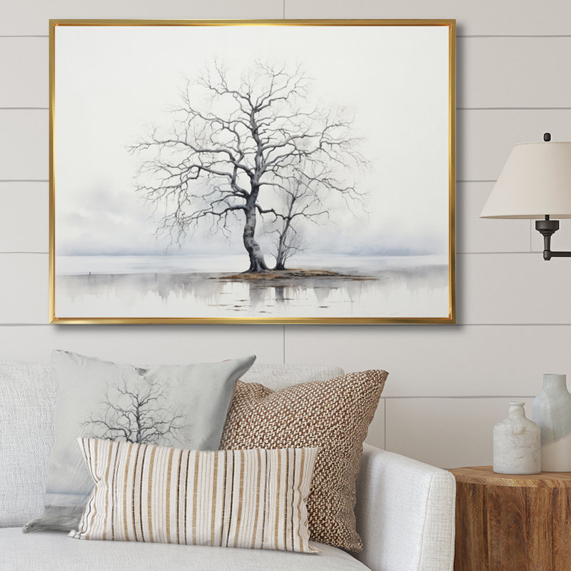 «Minimalisme gris arbre solitude VI», reproduction sur toile, Cadre flottant doré, H 30 po x l 40 po x P 1,5 po
