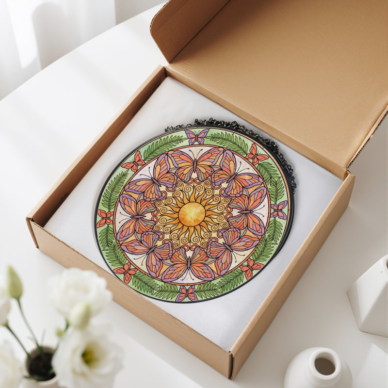 Panneau de vitrail papillon en verre teinté Mandala - H 7,8 po, H 7,8 po