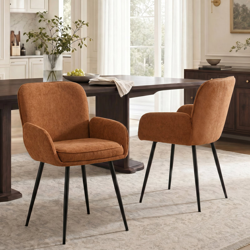 Upholstered Chenille Dining Chairs With Metal Legs (Set of 2), Orange Chenille