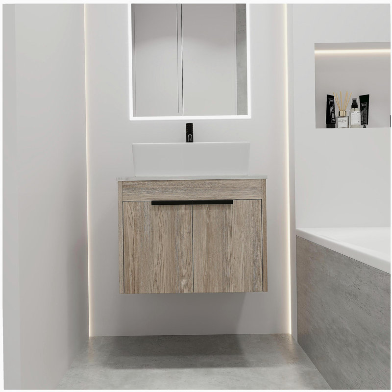 Ensemble de meuble-lavabo flottant 24 po avec lavabo en céramique, meuble-lavabo mural en chêne blanc avec porte