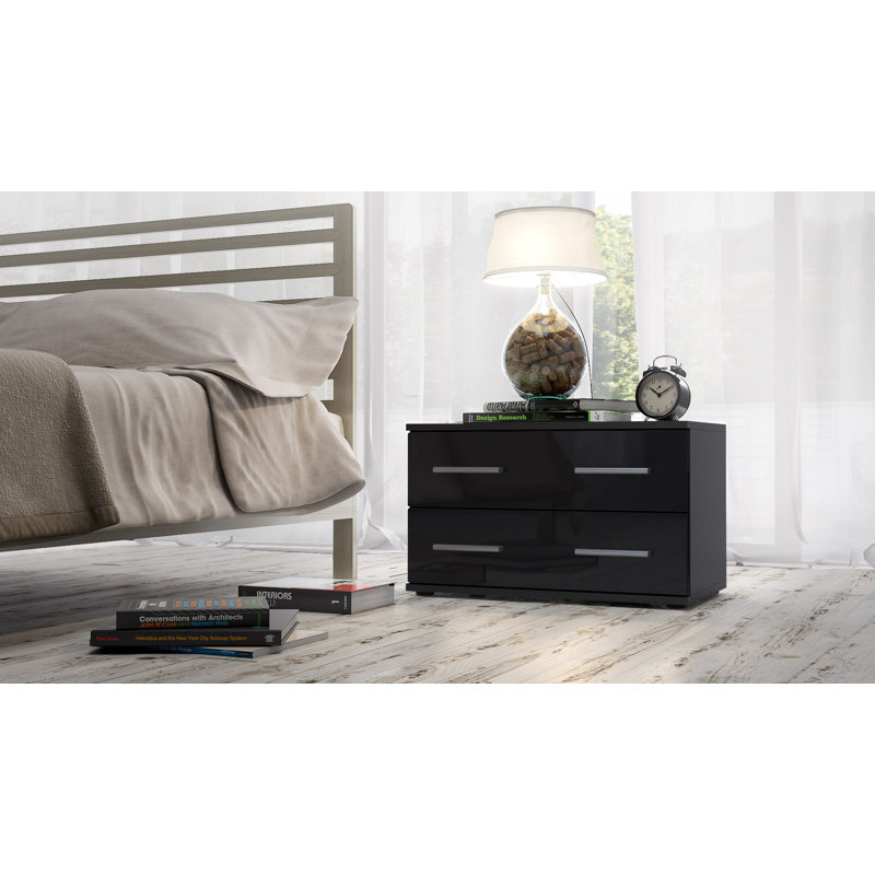 60 cm W Bedside Table, Matt black/Glossy black