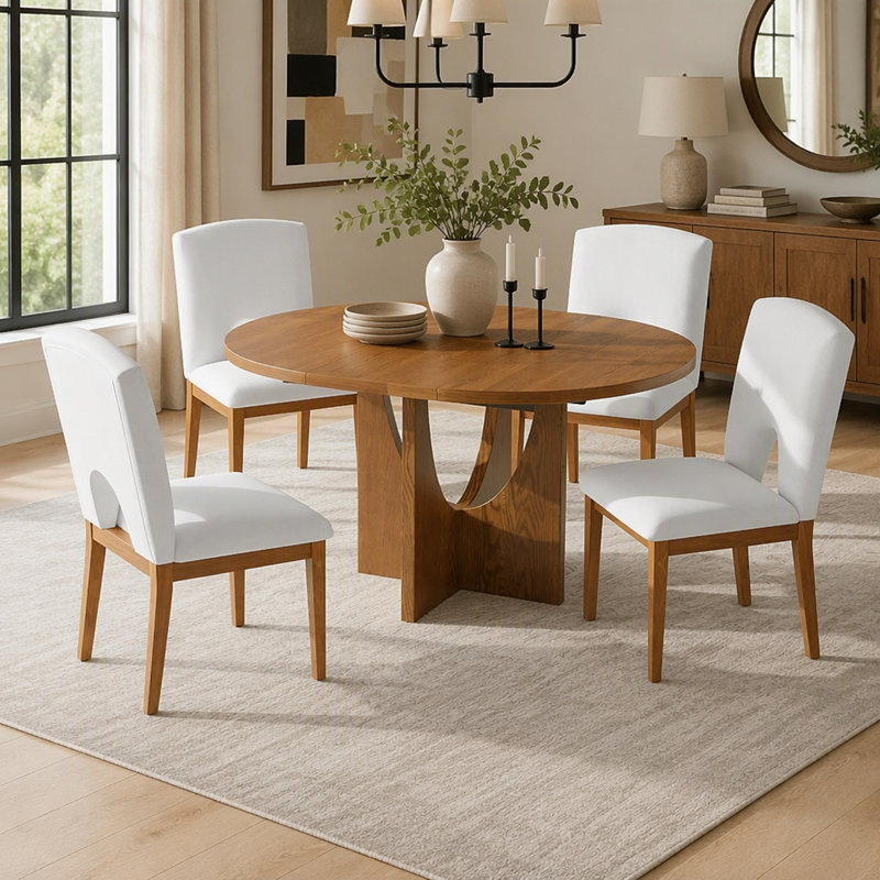 Ensemble de salle à manger rond extensible moderne de 5 pièces avec rallonge amovible de 41 cm (16,2 po), idéal pour les petits espaces.