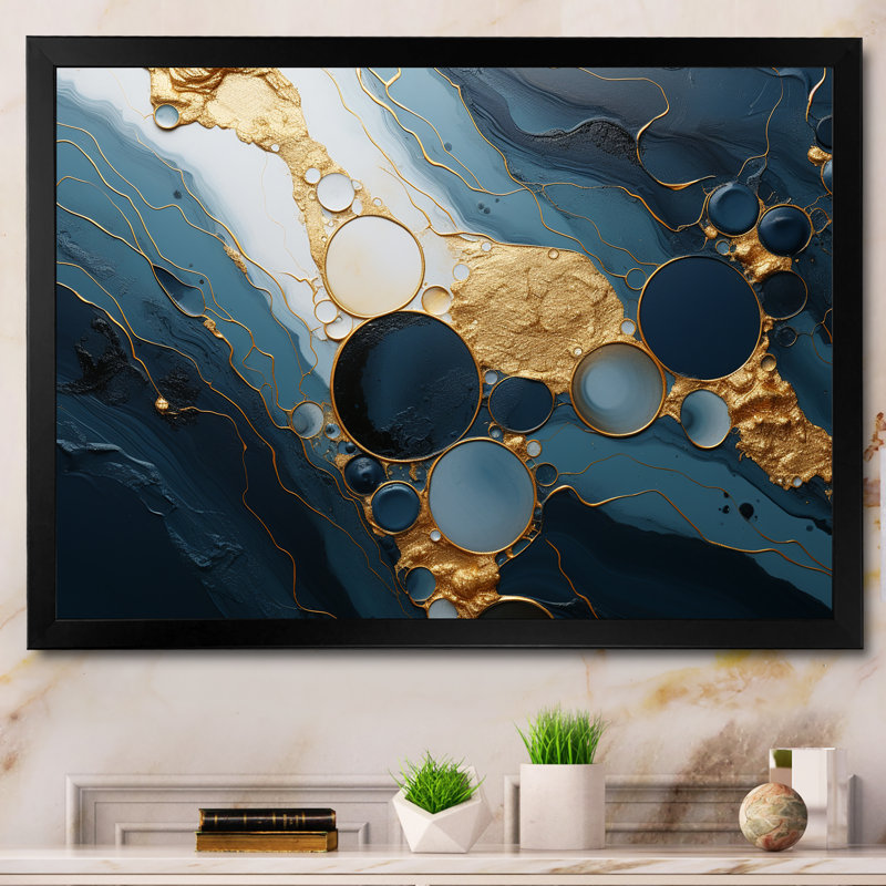 Or et marbre bleu Essence magique III - décoration murale en marbre, Cadre d'angle fermé noir, H 12 po x l 20 po x P 1 po
