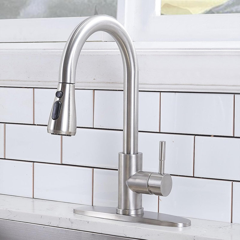 Robinet de cuisine à poignée simple en nickel brossé avec douchette extractible