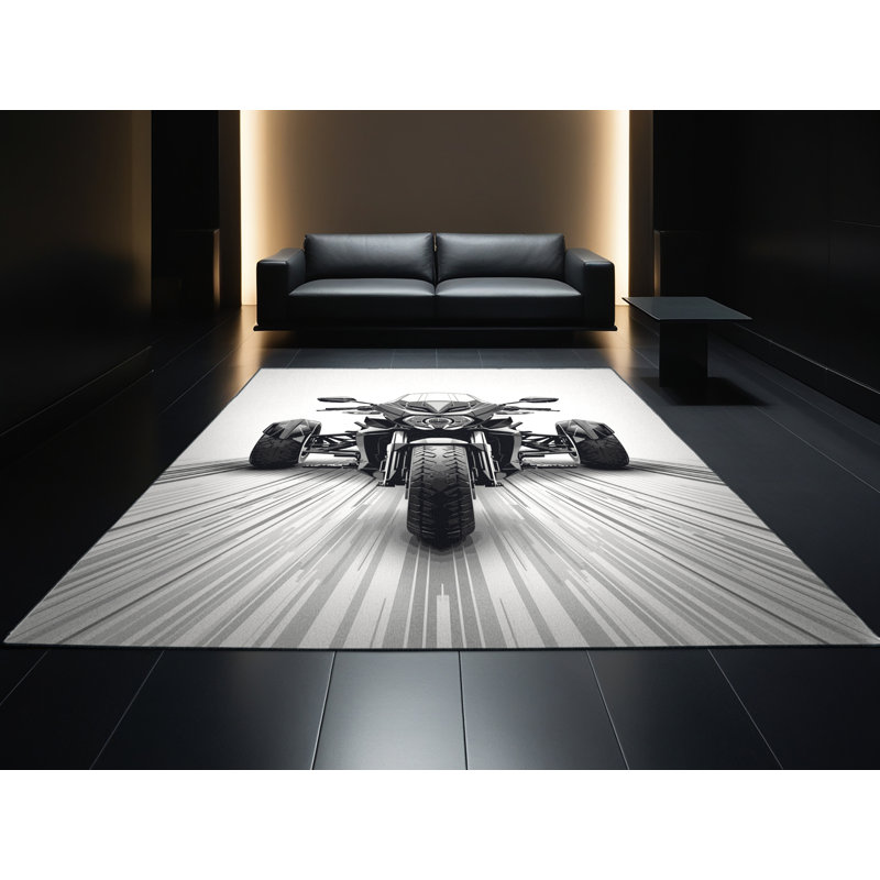 Machine Washable Vehicles And Transportation Trike Motorcycle Modern & Contemporary Geometric Rug in Beige – Black Binding