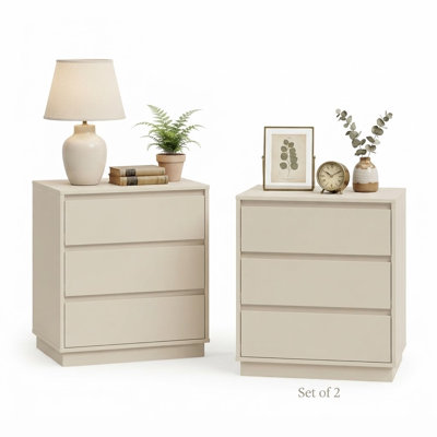 Ensemble de 2 tables de chevet modernes à 3 tiroirs, 60 cm de largeur, avec système coulissant dissimulé et dispositif antibasculement, grande commode en bois pour chambre et salon, beige