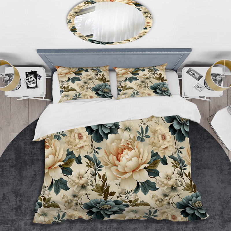 Blue Beige Vintage Chic Flower Pattern II - Ensemble de housse de couette à motif floral