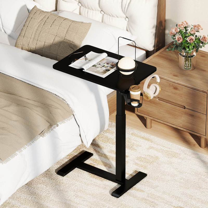 Table de chevet à hauteur réglable en forme de C avec crochet et porte-gobelet, Noir