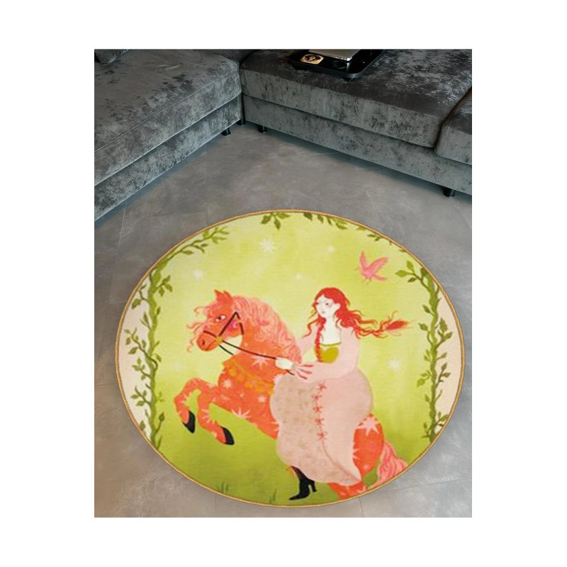 Green Horse Princess Patterned Round Woven Base Vintage Decorative Carpet, Round 3'4"