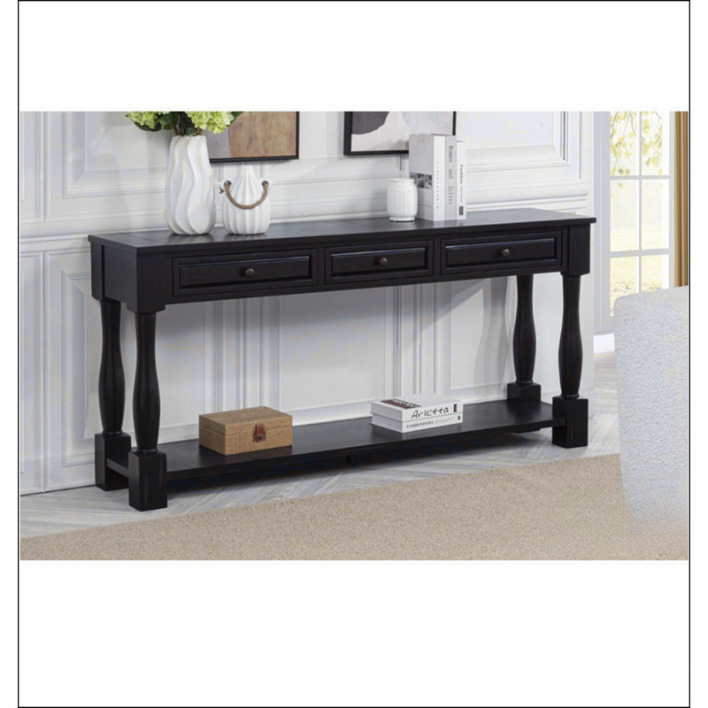 Console de 63 po de long avec tiroirs et tablette pour entrée, couloir, salon, table en bois d'acacia, finition espresso