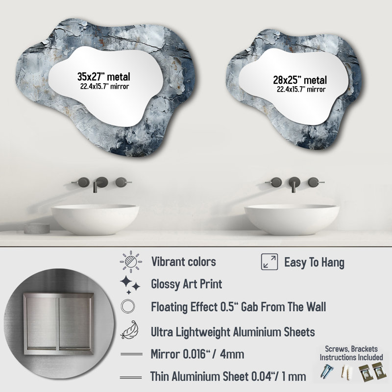 Abstract Grey Lunar Surface I - Tachisme Asymmetrical Decorative Wall Mirror, Modern Cloud Mirror, Printed Metal Art