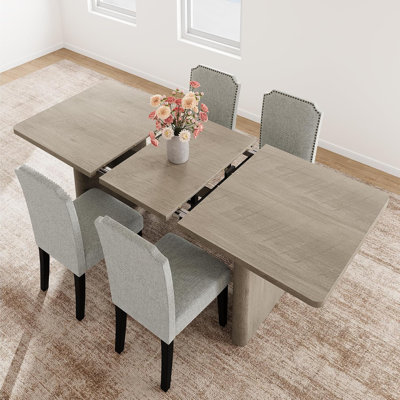 Ensemble table et chaises de salle à manger rectangulaires extensibles de style campagnard, de 160 cm à 210 cm, avec chaises rembourrées, coins arrondis, piètement en bois massif et garniture cloutée pour la cuisine