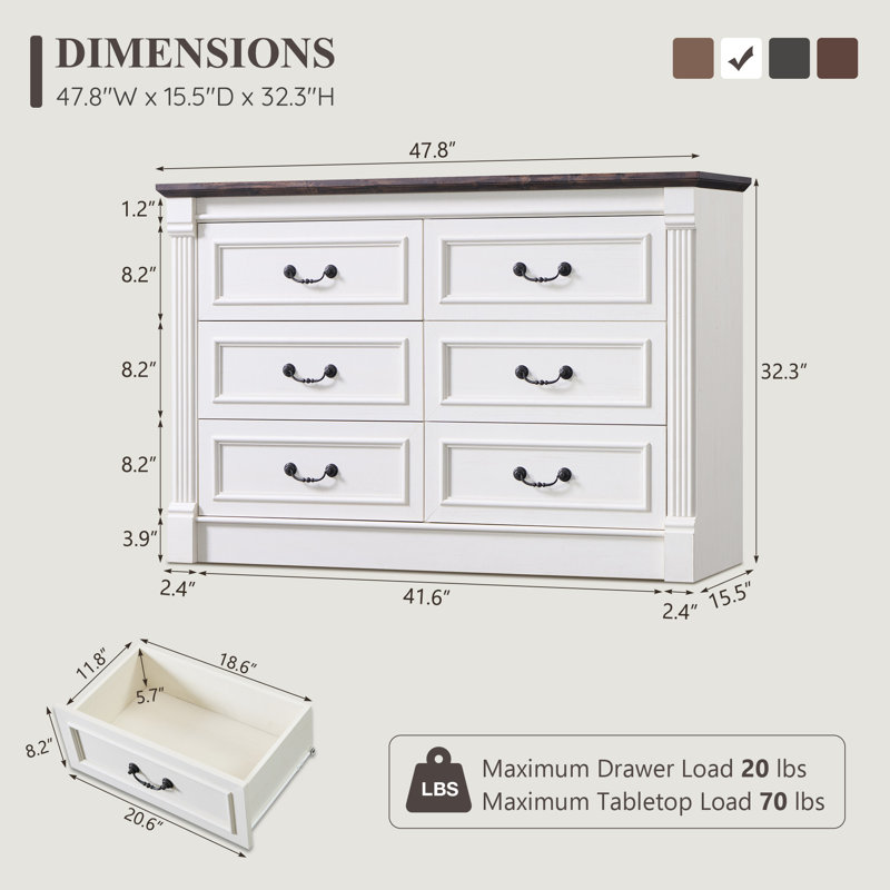 Commode 6 tiroirs Burlington Farmhouse, Brun / blanc rétro