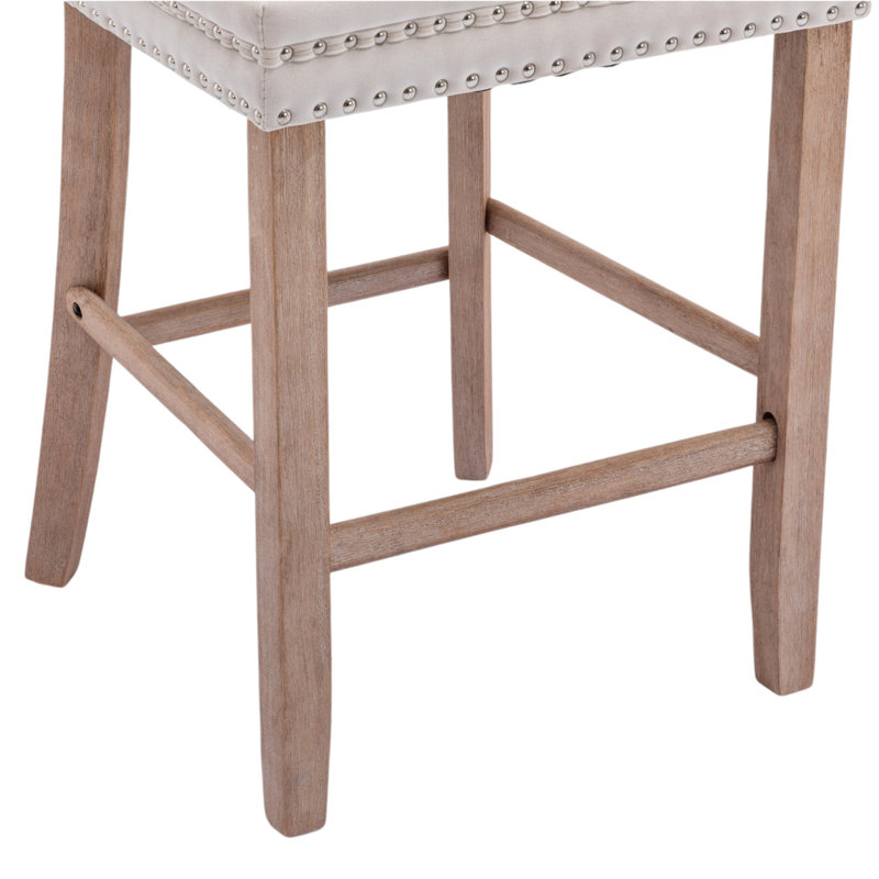Beige Velvet Upholstered Bar Stools with Natural Wood Legs, Set of 2