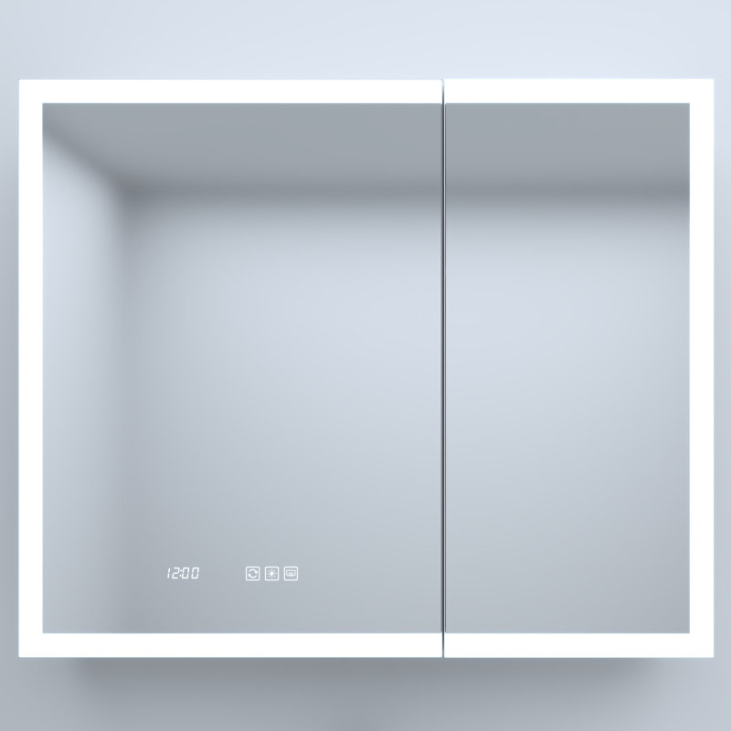 36 po Armoire à pharmacie rectangulaire en aluminium argenté encastré / à fixation en surface avec miroir haute définition l 30 po x H 30 po, DEL intégrée, dossier robuste, tablettes réglables, horloge de charge à détection automatique,