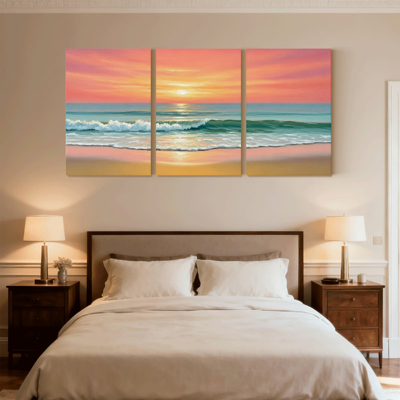 Nautique et plage coucher de soleil océan vagues plage ciel horizon couleur de sable clair ensemble de 3 impressions d'art sur toile
