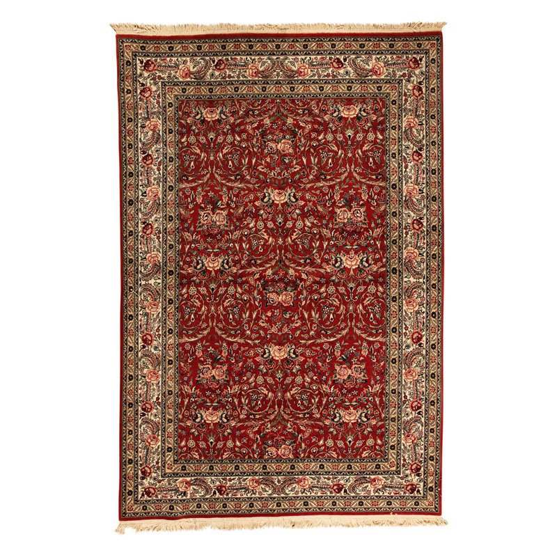 Tapis rouge / ivoire en laine noué à la main de conception unique 6 pi x 9 pi