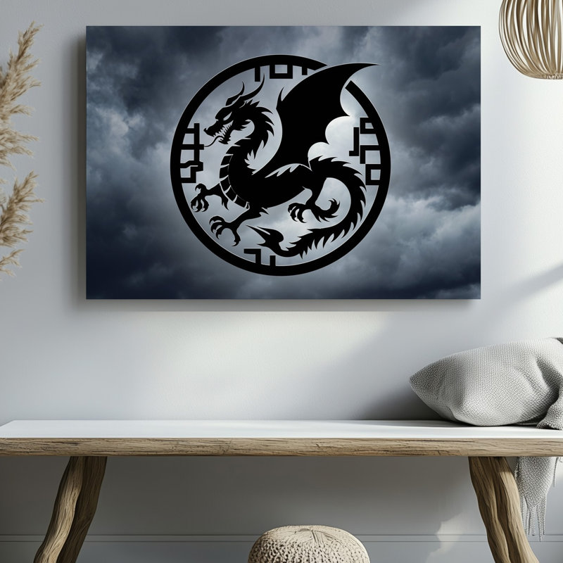 Toile, "Créer une image" mettant en vedette un emblème circulaire frappant d'un dragon, art mural dans un design complexe stylisé contre une toile sombre