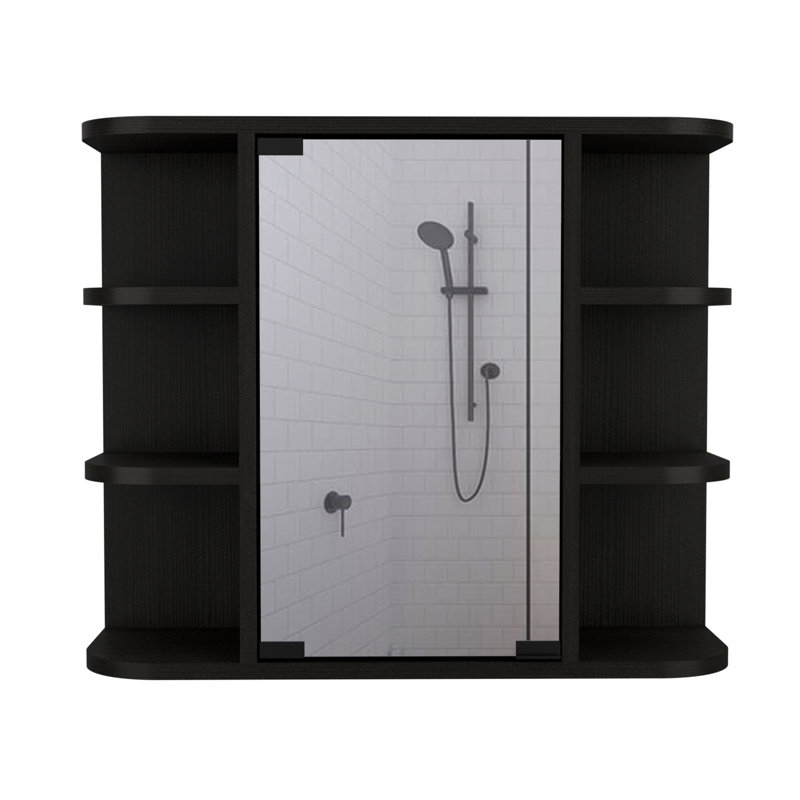 Armoire à pharmacie Milan, miroir à six tablettes extérieures, trois tablettes internes, Noir