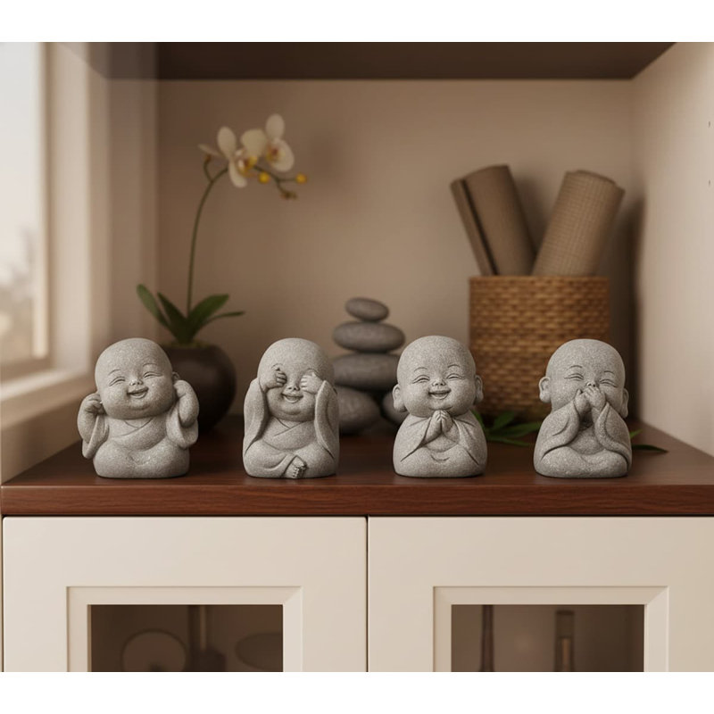 1.65" Small Laughing Buddha Figurines (4Pcs) | Gray Sandstone Luck Decor