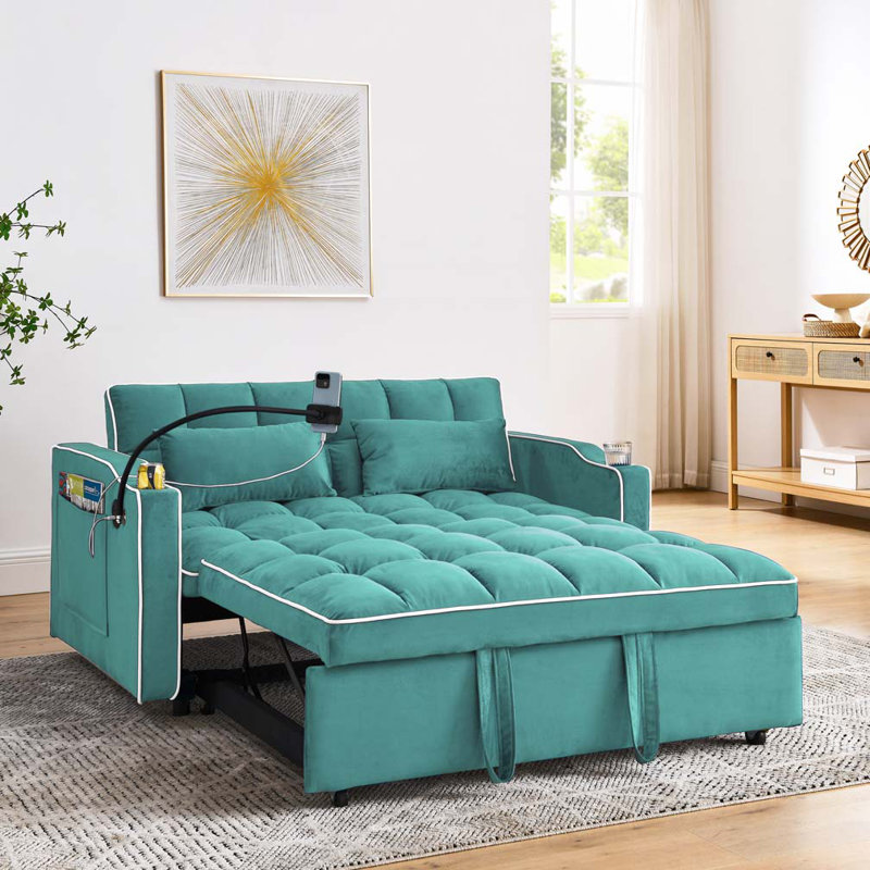 Velvet Pull-out Sleeper Sofa Bed, Adjustable Back and with USB Pport, swivel phone stand, Green, 31.15" H x 55.55" W x 37.05"