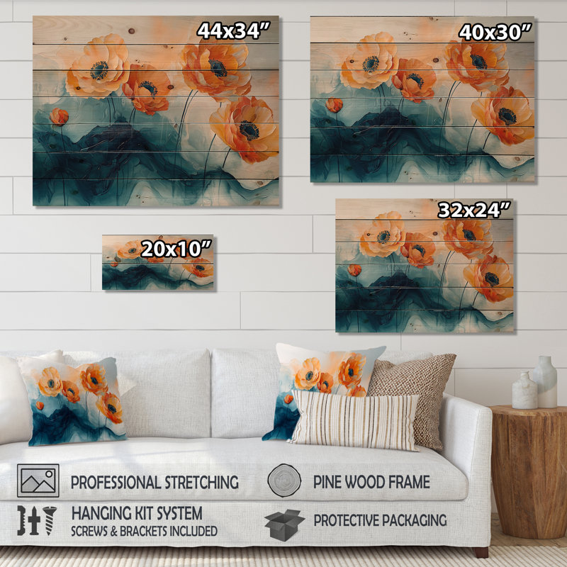 Aquarelle de fleurs de renoncule, rivière II - décoration murale en bois de renoncule - sur bois de pin naturel