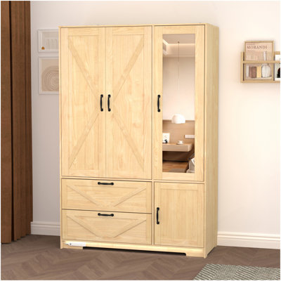 4 Doors Wardrobe Closet With Mirror, LED Wardrobe With Doors And 2 Drawers, Wooden Wardrobe Storage Cabinet With Hanging Rod, Adjustable Shelves, Natural