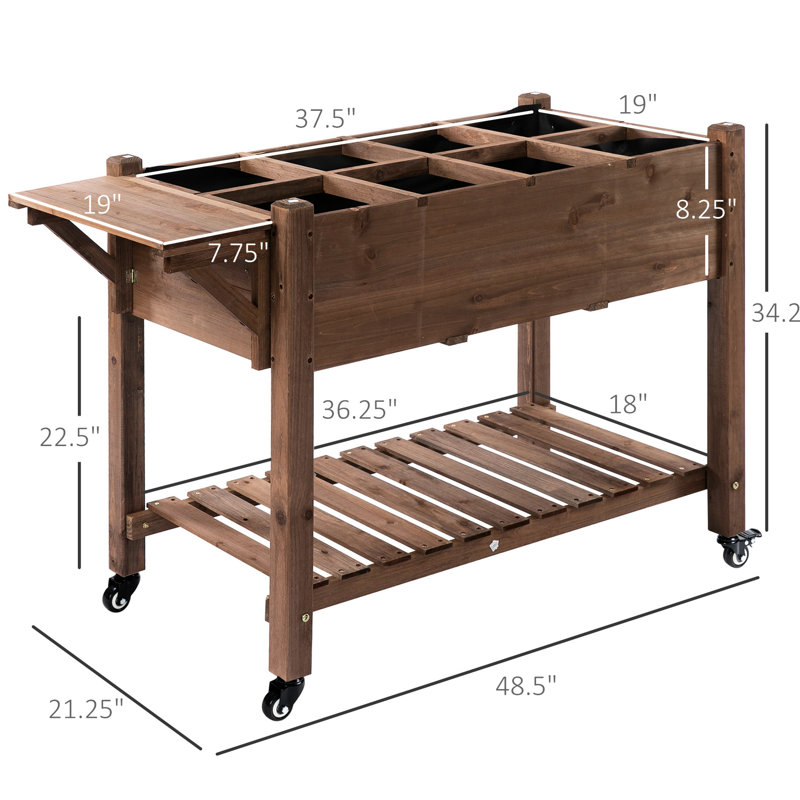 Lit de jardin surélevé 49 po x 21 po x 34 po, bac à plantes en bois avec 8 grilles, table d'appoint pliante et roues, pour herbes, légumes, fleurs, panneau de grilles brunes,